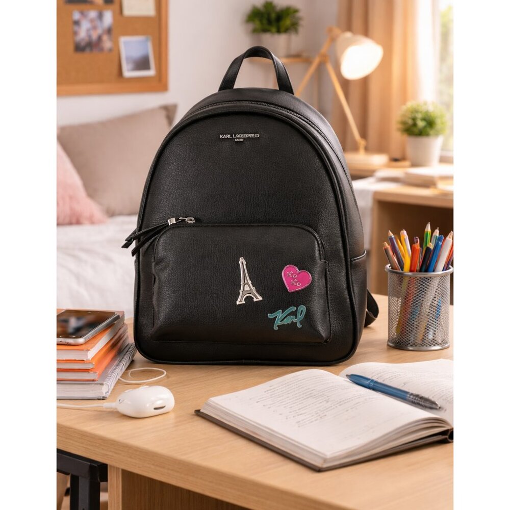 Karl Lagerfeld Paris Khloe Black Backpack Logo Straps Eiffel Tower Pins New With